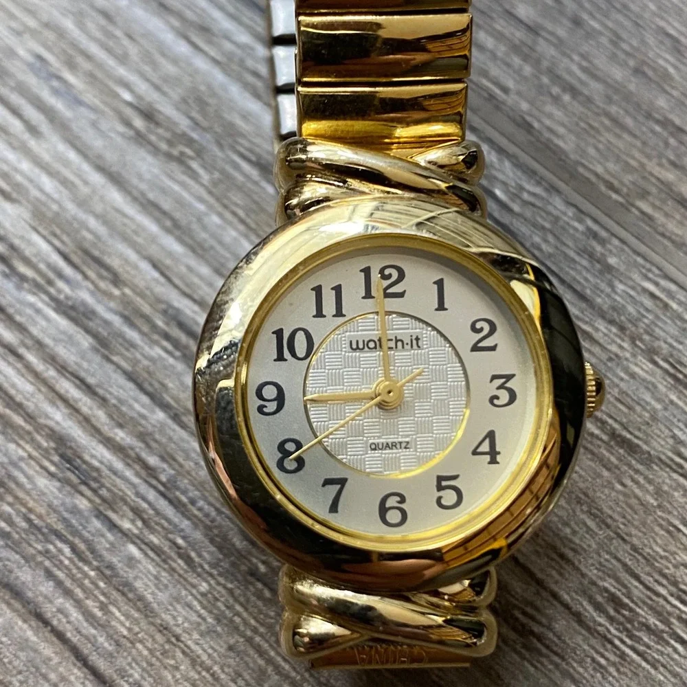 Watch-it Womens Gold Tone Quartz Watch Expansion Stretch Band Round Face